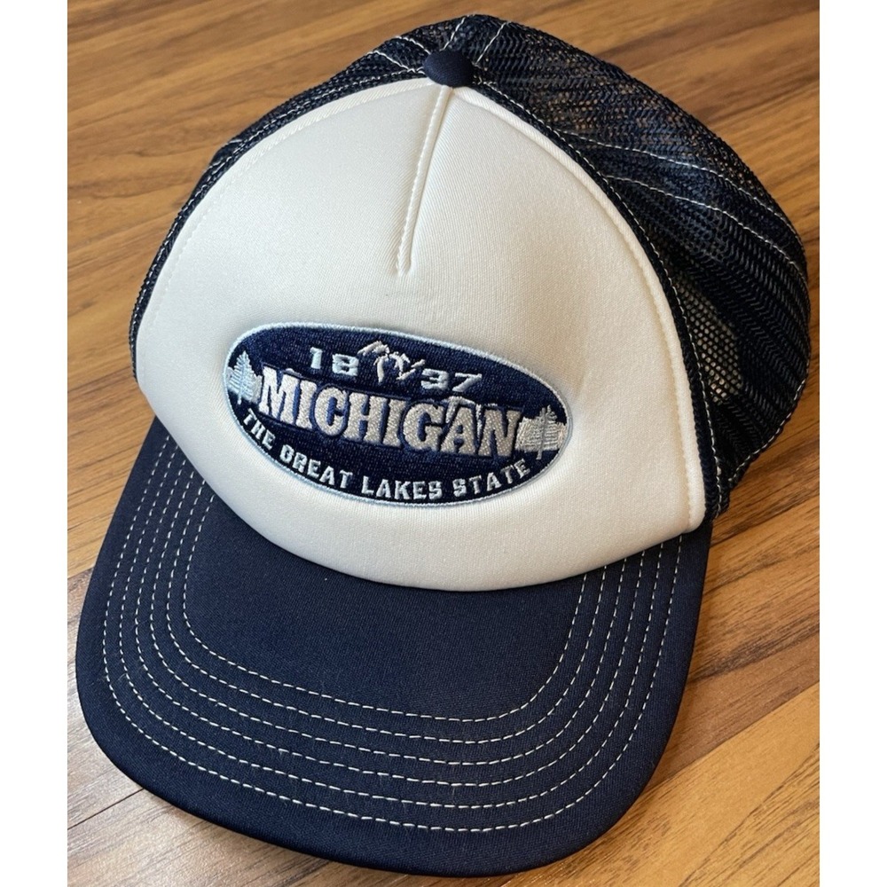 Michigan Great Lakes State Ripple Junction Trucker Hat Navy Cream Snapback Adult